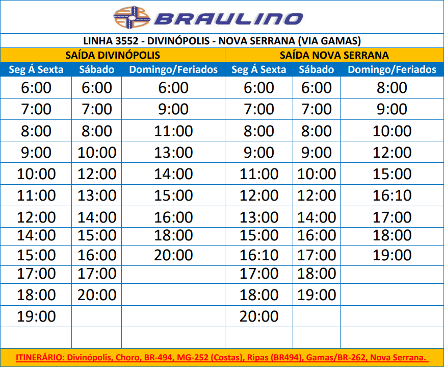 HORARIO ONIBUS 3552 DIVINOPOLIS - NOVA SERRANA